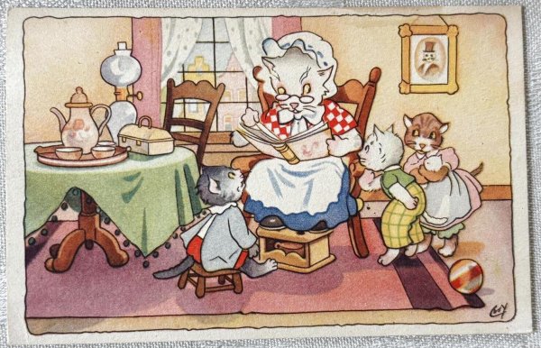 画像1: Postcard　アンティークポストカード　猫のおばあちゃん　絵本読み聞かせ　オランダ1949年 (1)