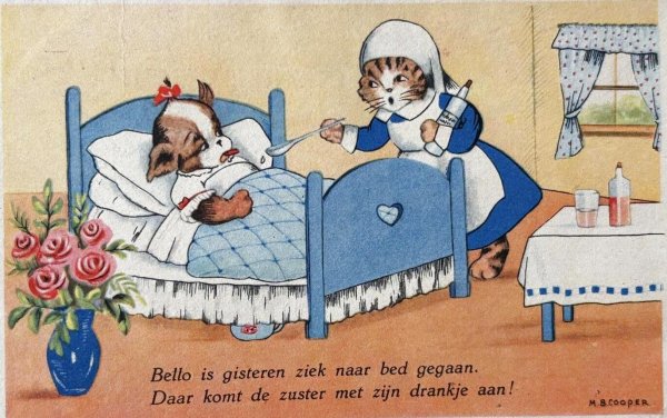 画像1: Postcard　アンティークポストカード　猫の看護師さんと犬の患者さん　動物病院　M.B.Cooper (1)