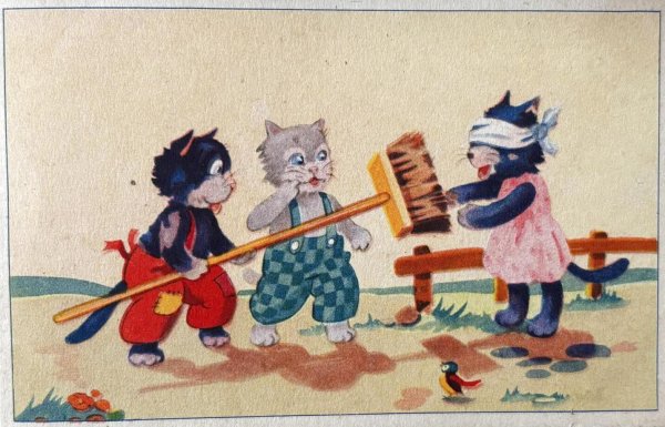 画像1: Postcard　アンティークポストカード　目隠し鬼さん　猫　（未使用） (1)