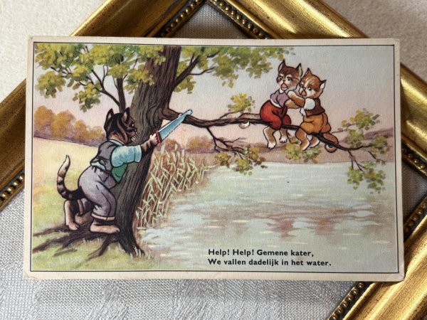 画像2: Postcard　アンティークポストカード　弱い者いじめをする意地悪な猫　 (2)