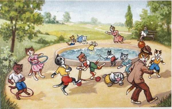 画像1: Postcard　アンティークポストカード　公園で遊ぶ猫たち　 (1)