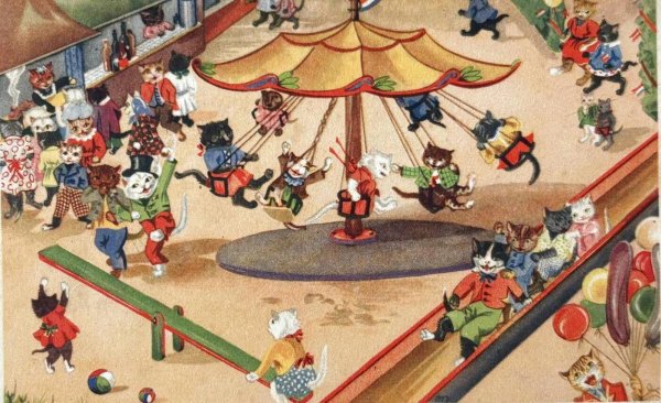 画像1: Postcard　アンティークポストカード　遊園地で遊ぶ猫たち　オランダ1955年 (1)