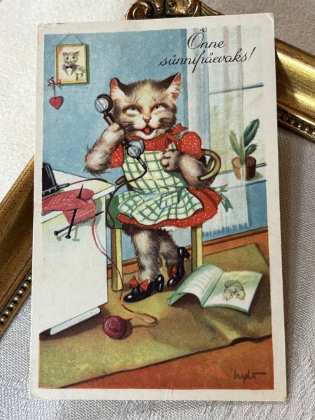 画像2: Postcard　アンティークポストカード　電話をする猫　編み物　 (2)