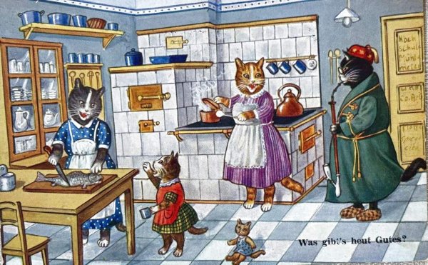 画像1: Postcard　アンティークポストカード 　猫家族の台所　キッチン　スイス (1)