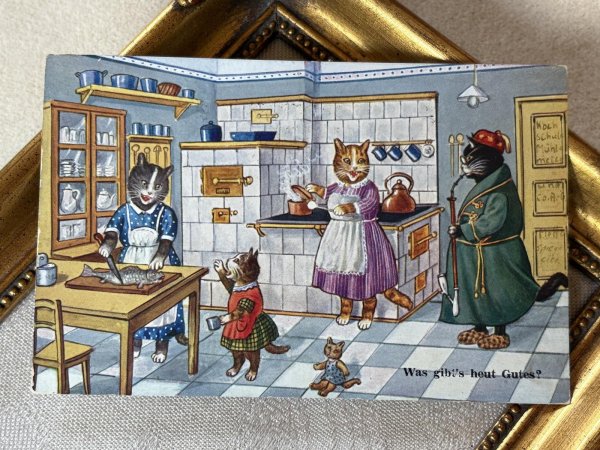 画像2: Postcard　アンティークポストカード 　猫家族の台所　キッチン　スイス (2)