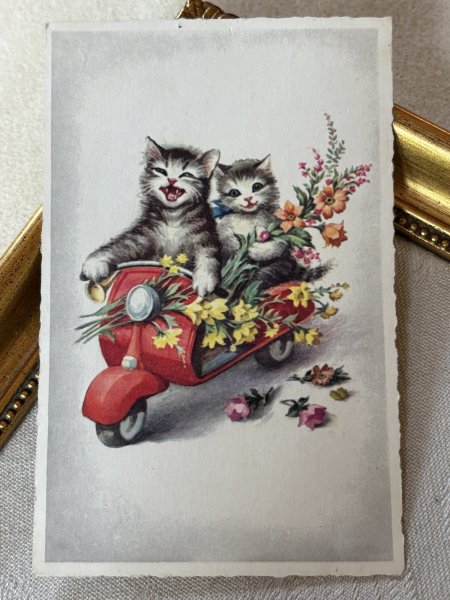 画像2: Postcard　アンティークポストカード 　スクーターに乗る猫　バイク　お花　フランス (2)
