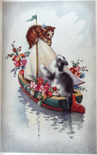 画像1: Postcard　アンティークポストカード 　船に乗る猫　ヨット　お花　フランス (1)