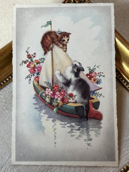 画像2: Postcard　アンティークポストカード 　船に乗る猫　ヨット　お花　フランス (2)