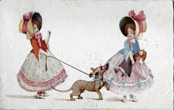 画像1: Postcard　アンティークポストカード　ダックスフンド犬を連れ歩く女の子　フランス1924年 (1)