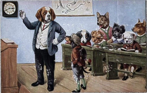 画像1: Postcard　アンティークポストカード　犬の学校　遅刻を咎められるダックスフンド犬　 (1)