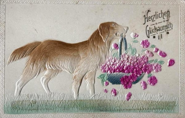 画像1: Postcard　アンティークポストカード　お花かごを運ぶ犬　ゴールデンレトリバー　アイリッシュセッター　（未使用） (1)