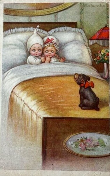 画像1: Postcard　アンティークポストカード　ベッドの上の子犬と子どもたち　イタリア (1)