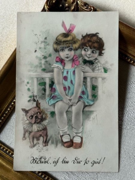 画像2: Postcard　アンティークポストカード　小さな恋人たちと犬　フレンチブルドッグ　ドイツ1926年 (2)