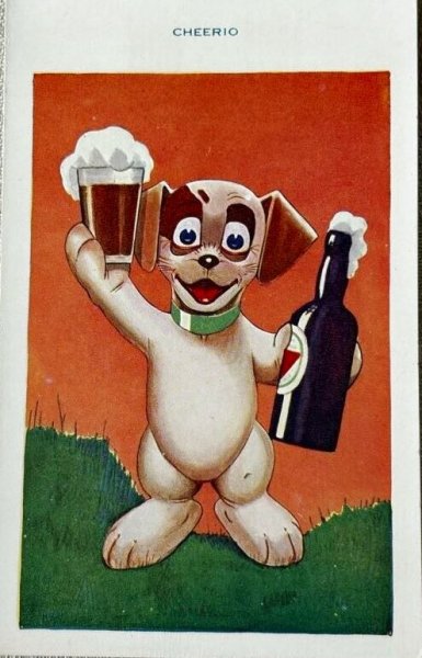 画像1: Postcard　アンティークポストカード　ビールで乾杯をする犬　テリア犬　Cheerio　イギリス　（未使用） (1)