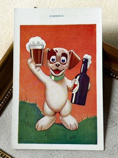 画像2: Postcard　アンティークポストカード　ビールで乾杯をする犬　テリア犬　Cheerio　イギリス　（未使用） (2)