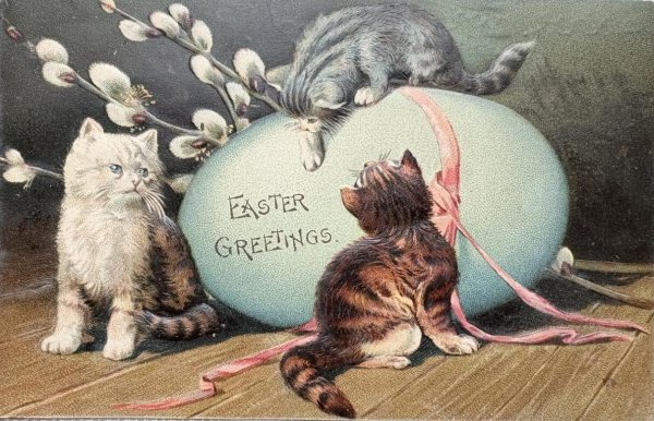 画像1: Postcard　アンティークポストカード 　イースター　3匹の子猫と卵 (1)