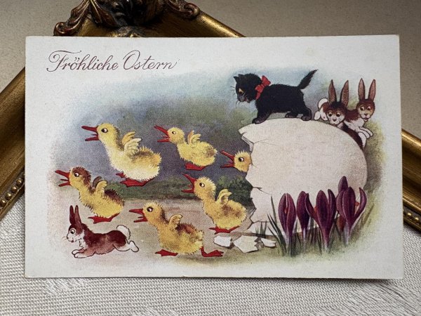 画像2: Postcard　アンティークポストカード 　イースター　黒猫と卵から生まれたヒヨコ　ウサギ　クロッカス　（未使用） (2)