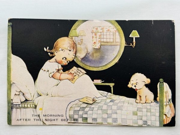 画像1: Postcard 　アンティークポストカード　ベッドの上でお別れの手紙に泣く女の子　子犬　616 Mabel Lucie Attwell (1)