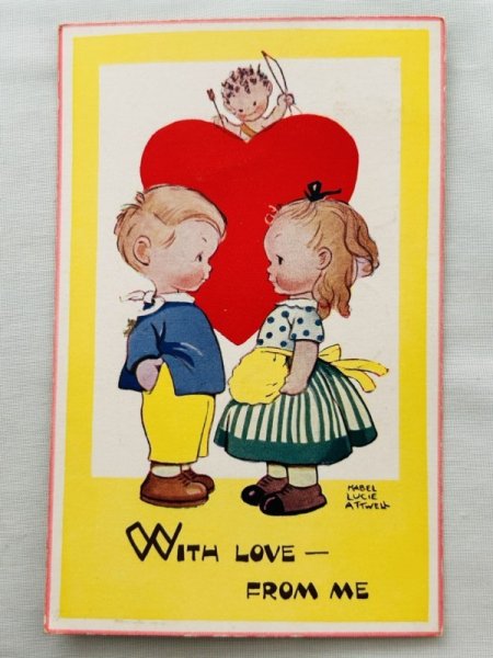 画像1: Postcard 　アンティークポストカード　バレンタイン　小さな恋人たちとキューピッド　ハート　5657　Mabel Lucie Attwell (1)