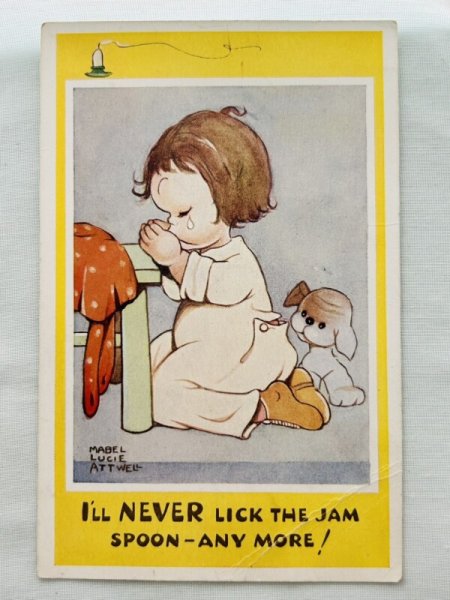 画像1: Postcard 　アンティークポストカード　謝る女の子と子犬　もうジャムスプーンを舐めません　1498　Mabel Lucie Attwell　（未使用） (1)