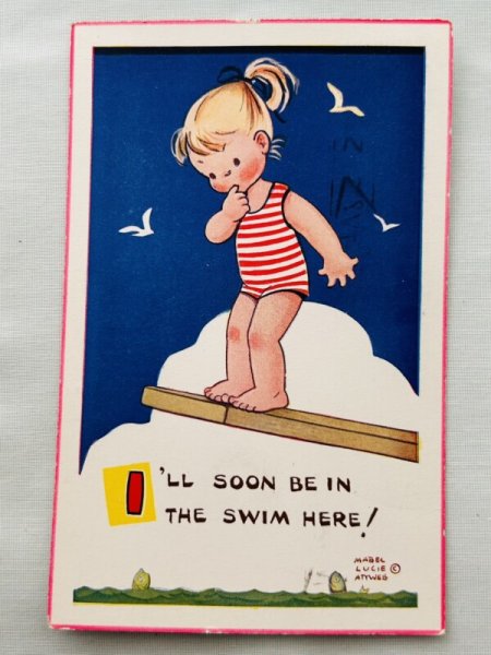 画像1: Postcard 　アンティークポストカード　飛び込み台の上の女の子　海　6041　 Mabel Lucie Attwell (1)