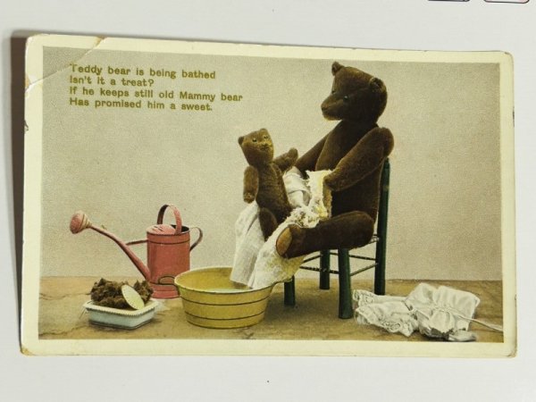 画像1: Postcard　アンティークポストカード  赤ちゃんをお風呂に入れるお母さん熊　クマ　テディベア　写真 (1)