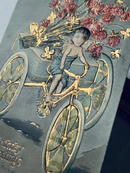 画像3: Postcard  アンティークポストカード 三輪車でアカツメクサのお花を運ぶ天使 四つ葉クローバー (3)