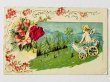 画像1: Postcard　アンティークポストカード  忘れな草のお花の車に乗る天使　シルク貼り　（未使用） (1)