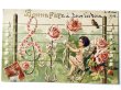 画像1: Postcard  アンティークポストカード　薔薇のお花と電線の音符🎵を作る天使　妖精　フランス1911年 (1)