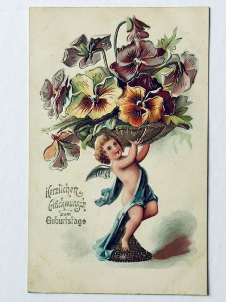画像1: Postcard  アンティークポストカード　パンジーのお花と天使 (1)
