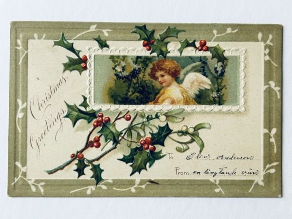 画像1: Postcard  アンティークポストカード　クリスマス　天使　ホーリー　ヤドリギ　Ellen Clapsaddle (1)