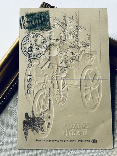 画像4: Postcard  アンティークポストカード 三輪車でアカツメクサのお花を運ぶ天使 四つ葉クローバー (4)