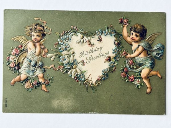 画像1: Postcard  アンティークポストカード　お花のリースと天使　スノードロップ　薔薇　忘れな草　アメリカ1908年 (1)