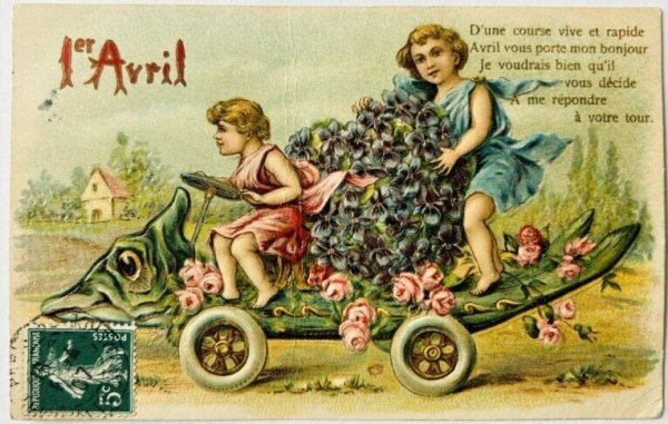 画像1: Postcard  アンティークポストカード　　ポワソンダブリル　エイプリルフール　魚の車に乗る子ども（天使）たち　フランス (1)