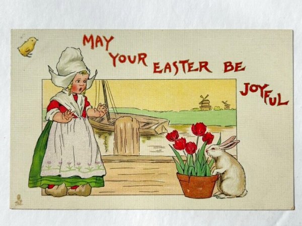 画像1: Postcard　アンティークポストカード　イースター 　ウサギさんとオランダの女の子　チューリップ（未使用） (1)