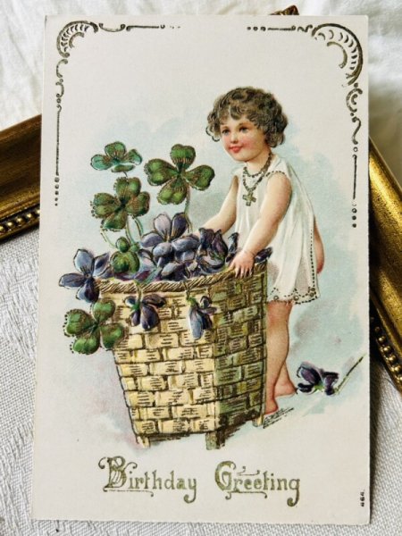 画像2: Postcard　アンティークポストカード　スミレのお花かごと女の子　 (2)