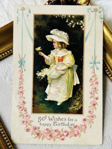 画像2: Postcard　アンティークポストカード　小鳥と女の子　Ellen Clapsaddle　1909年 (2)