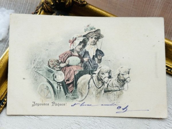 画像2: Postcard アンティークポストカード イースター  羊車で卵を運ぶ女の子たち ウィーン趣味風 (2)