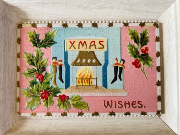 画像2: Postcard　アンティークポストカード　クリスマス　暖炉　人形　ホーリー (2)