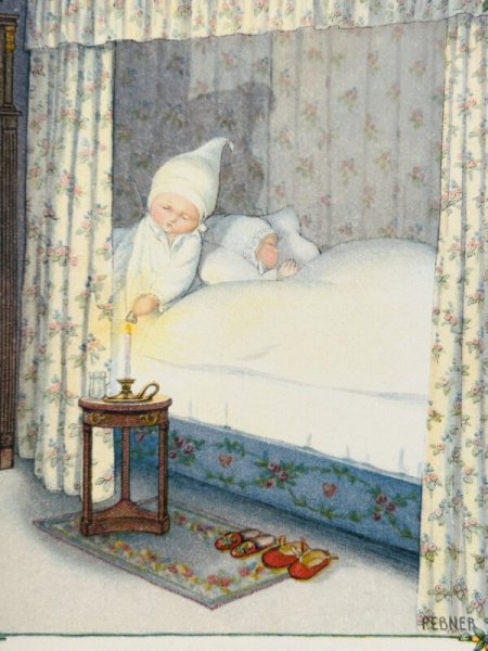 画像2: Postcard　アンティークポストカード　おやすみの時間　ベッドで眠る子どもたち　キャンドル消灯　Pauli Ebner　 (2)