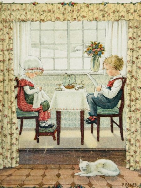 画像2: Postcard　アンティークポストカード　ふたりの冬時間　刺繍　猫　Pauli Ebner　 (2)