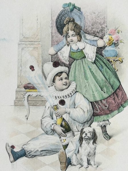 画像2: Postcard アンティークポストカード 道化師さんと女の子 キャバリア犬 ウィーン趣味風 (2)