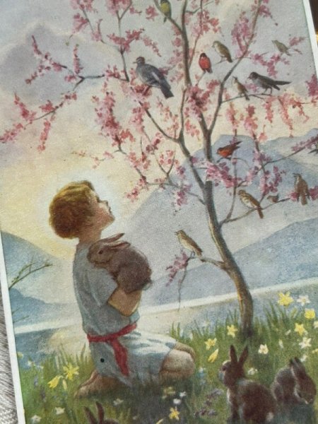 画像3: Postcard  アンティークポストカード　モーニングキャロル　小鳥のさえずりを聞く少年とウサギ　Margaret Tarrant　イギリス1943年 (3)