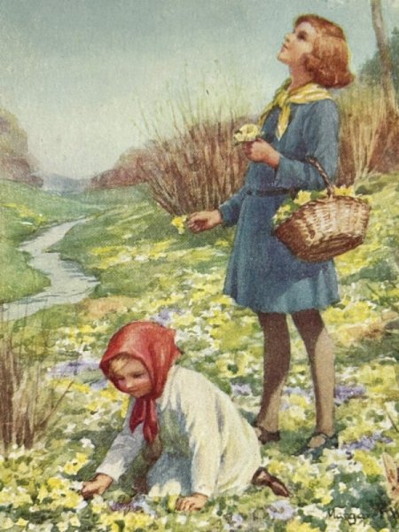 画像3: Postcard  アンティークポストカード　ヒバリの声を聞く女の子　お花畑　Lark's Song　Margaret Tarrant　イギリス （未使用） (3)