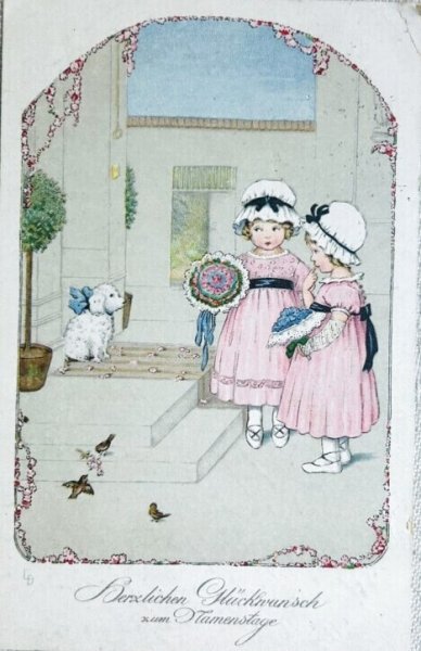 画像1: Postcard 　アンティークポストカード   双子の女の子と白い子犬　プードル　ビションフリーゼ　Lia Doring 　 (1)