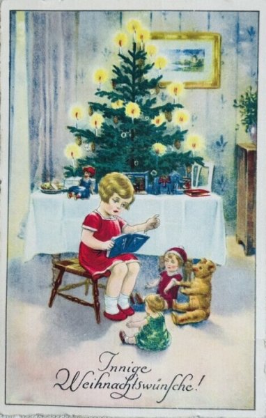 画像1: Postcard 　アンティークポストカード   クリスマス　お人形さんとテディベアに絵本を読み聞かせる女の子　ドイツ1923年 (1)