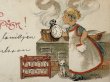 画像3: Postcard 　アンティークポストカード　（ミニサイズ）  イースター　ゆで卵を作る女の子と猫　スウェーデン　1918年 (3)
