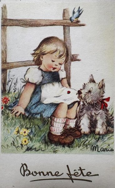 画像1: Postcard 　アンティークポストカード 　女の子と犬　ウエスティ　ウエストハイランドテリア　フランス1950年代 (1)