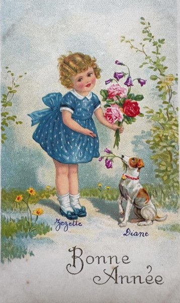 画像1: Postcard 　アンティークポストカード 　女の子と犬　テリア　ジャックラッセルテリア　フランス1930年代 (1)