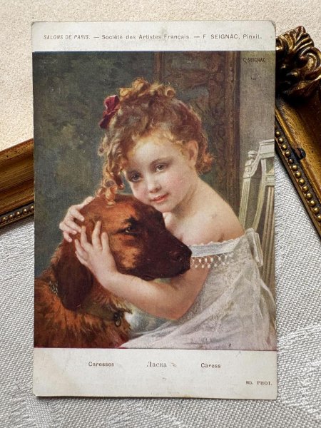 画像2: Postcard 　アンティークポストカード 　女の子と犬　Caresses   Guillaume Seignac フランス (2)